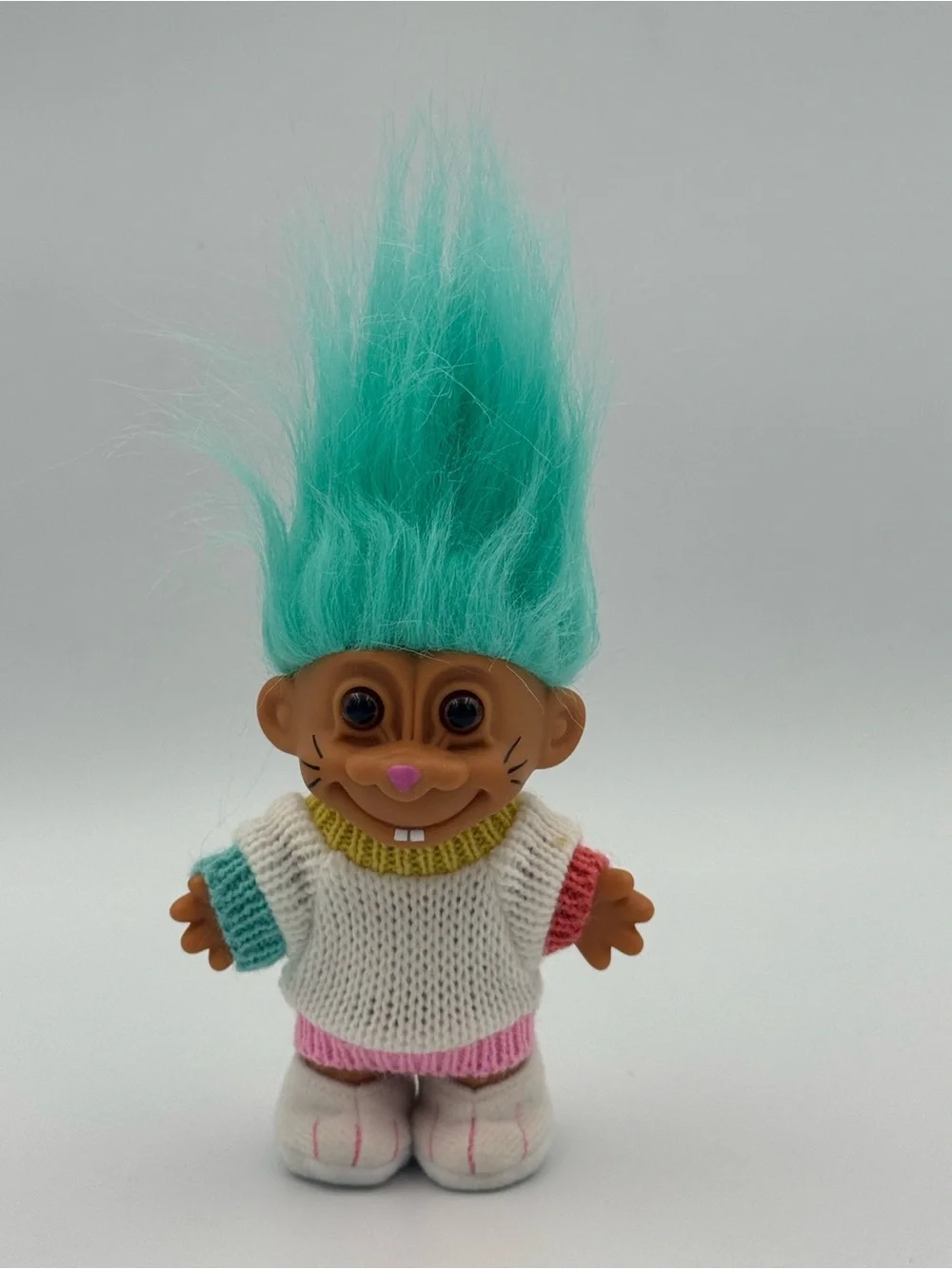 Vtg Russ Berrie Easter Bunny‎ Troll Doll Blue Hair Pastel Sweater 7 Inch